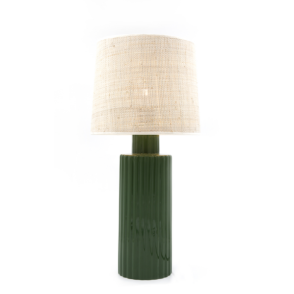 Table light designed by Maison Sarah Lavoine: ceramic base in olive green and rabane lamp shade bring a vintage touch. Simple shapes with character, graphic coloured lines for an understated chic | 